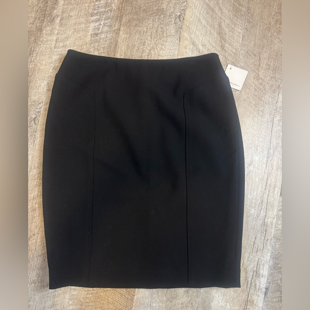 Halogen SP black midi skirt, lined, NWT, slimming front panel, zip back